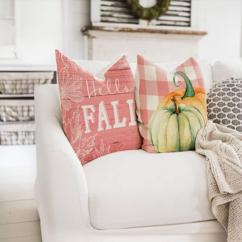 5866 Pink Fall Decorative Throw Pillow Covers Pumpkin Decor 16x16 Set of 4 - Picture 3 of 5